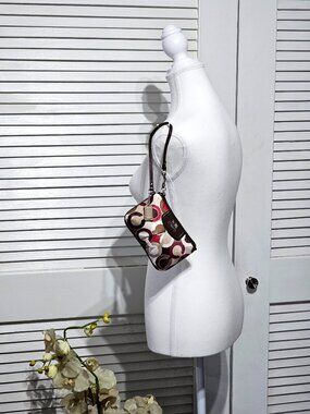 Coach Signature Women's Multicolor Satin Logo Leather Trim Zip Wristlet 3306